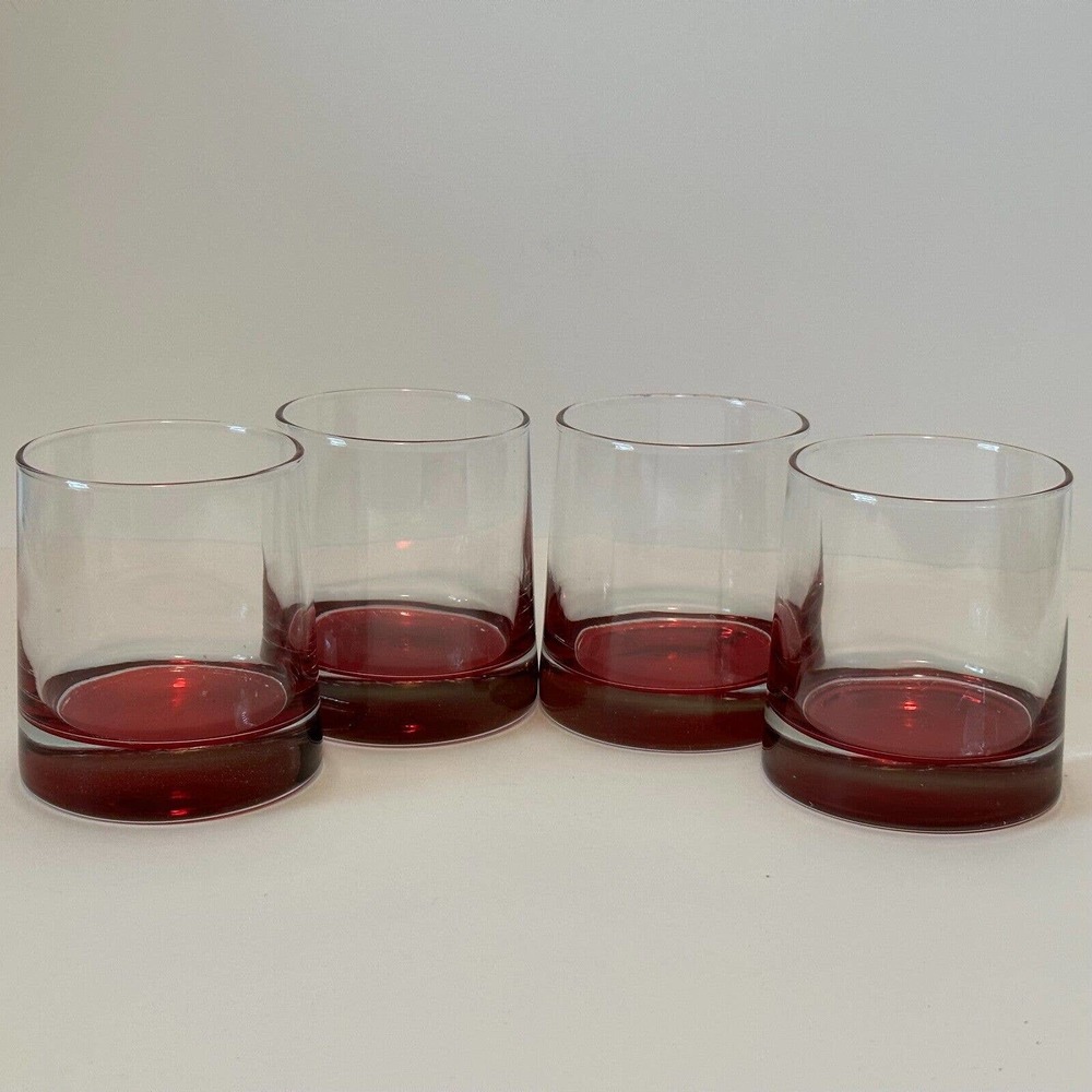 VINTAGE -Red base, Manhattan Rocks Whiskey Glasses-Old Fashioned Set of 4 *COOL